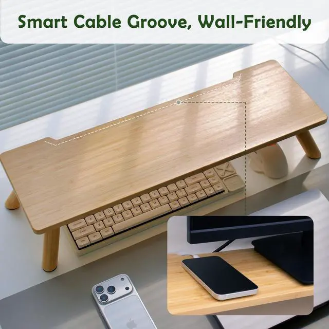 Alt view image 4 of 7 - Bamboo Monitor Stand Riser with Cable Routing Slot, Ergonomic Computer Shelf for Desk, Natural Wood Desktop Organizer for Monitor Laptop Printer, Home Office Accessory