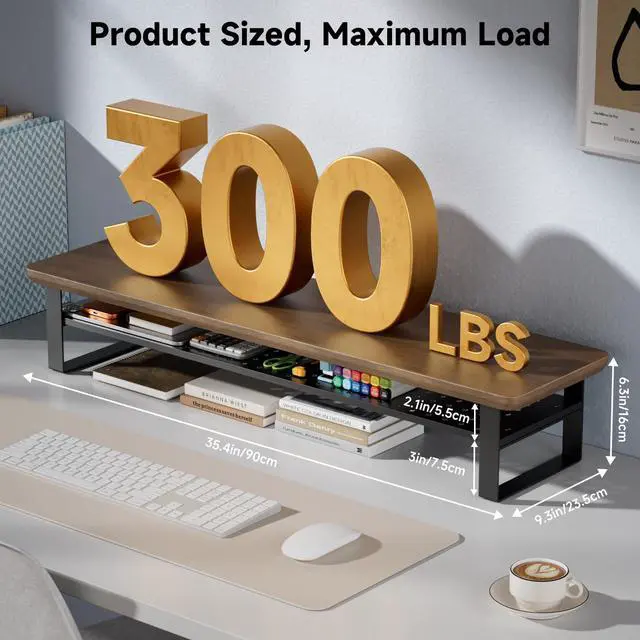 Alt view image 2 of 7 - Dual Monitor Stand, 35.4 Inch Monitor Stand Riser for 2 Monitors, 2 Tiers Wood Desk Shelf with Storage, Desktop Organizer Stand for Computer, Laptop, Printer, TV