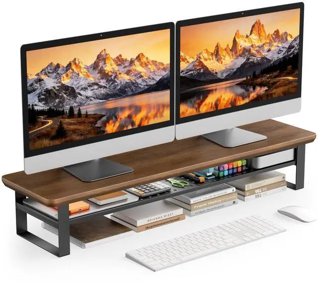 Main image of Dual Monitor Stand, 35.4 Inch Monitor Stand Riser for 2 Monitors, 2 Tiers Wood Desk Shelf with Storage, Desktop Organizer Stand for Computer, Laptop, Printer, TV