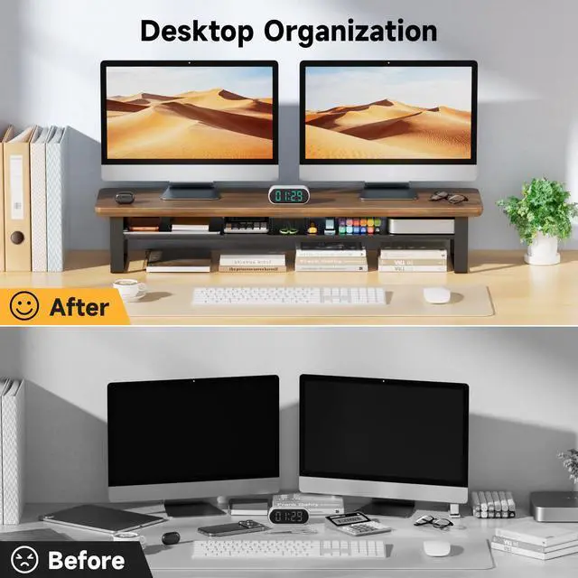 Alt view image 3 of 7 - Dual Monitor Stand, 35.4 Inch Monitor Stand Riser for 2 Monitors, 2 Tiers Wood Desk Shelf with Storage, Desktop Organizer Stand for Computer, Laptop, Printer, TV