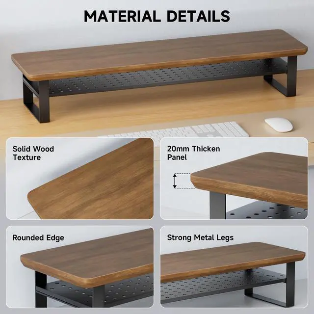 Alt view image 5 of 7 - Dual Monitor Stand, 35.4 Inch Monitor Stand Riser for 2 Monitors, 2 Tiers Wood Desk Shelf with Storage, Desktop Organizer Stand for Computer, Laptop, Printer, TV