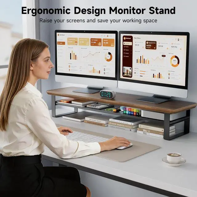 Alt view image 6 of 7 - Dual Monitor Stand, 35.4 Inch Monitor Stand Riser for 2 Monitors, 2 Tiers Wood Desk Shelf with Storage, Desktop Organizer Stand for Computer, Laptop, Printer, TV