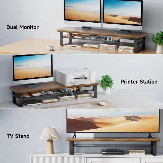 Alt view image 7 of 7 - Dual Monitor Stand, 35.4 Inch Monitor Stand Riser for 2 Monitors, 2 Tiers Wood Desk Shelf with Storage, Desktop Organizer Stand for Computer, Laptop, Printer, TV