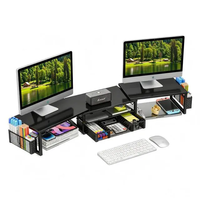 Main image of Dual Monitor Stand Riser with Drawer and 2 Pen Holders, Desk Organizer with Storage, Black