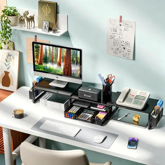 Alt view image 2 of 7 - Dual Monitor Stand Riser with Drawer and 2 Pen Holders, Desk Organizer with Storage, Black