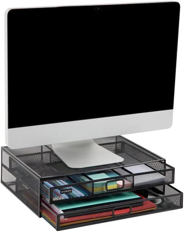 Main image of Monitor Stand, Ventilated Laptop Riser, Storage Drawer, Office, Metal Mesh, Black
