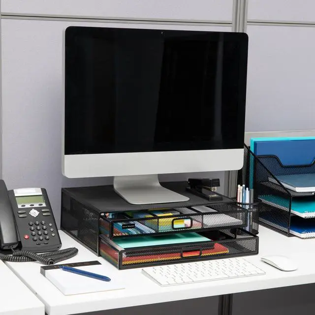 Alt view image 2 of 7 - Monitor Stand, Ventilated Laptop Riser, Storage Drawer, Office, Metal Mesh, Black