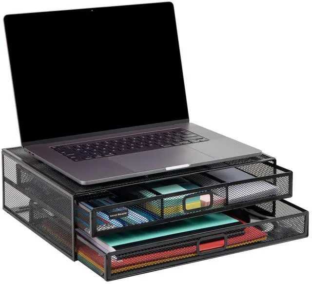 Alt view image 5 of 7 - Monitor Stand, Ventilated Laptop Riser, Storage Drawer, Office, Metal Mesh, Black
