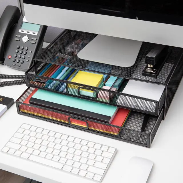 Alt view image 6 of 7 - Monitor Stand, Ventilated Laptop Riser, Storage Drawer, Office, Metal Mesh, Black