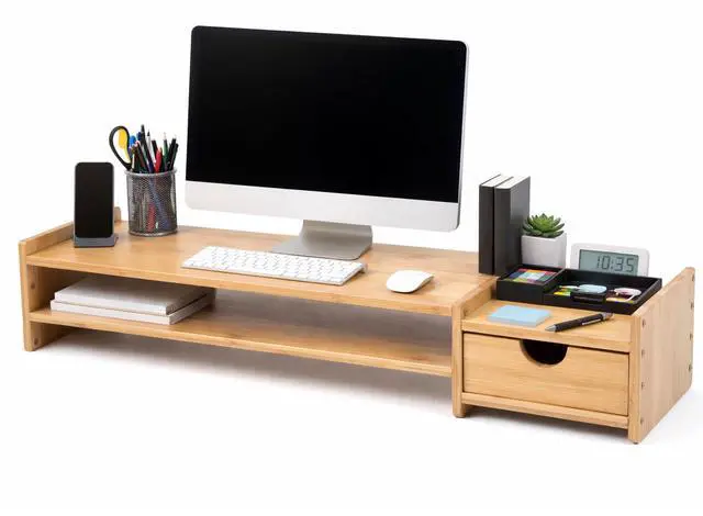 Main image of Bamboo 2-Tier Monitor Stand Riser with Drawers, Desktop Organizer for Laptop, Computer, Printer, Cellphone - Reduce Neck & Eye Strain, Office & Home Use