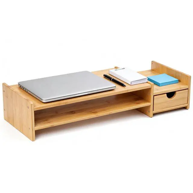 Alt view image 2 of 7 - Bamboo 2-Tier Monitor Stand Riser with Drawers, Desktop Organizer for Laptop, Computer, Printer, Cellphone - Reduce Neck & Eye Strain, Office & Home Use