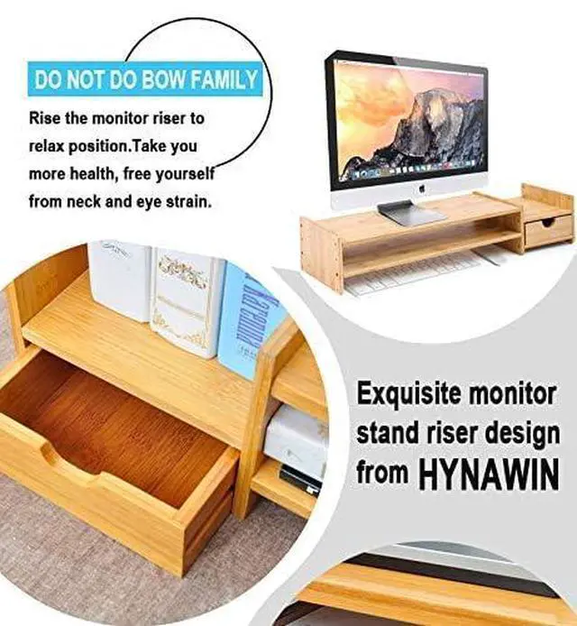 Alt view image 6 of 7 - Bamboo 2-Tier Monitor Stand Riser with Drawers, Desktop Organizer for Laptop, Computer, Printer, Cellphone - Reduce Neck & Eye Strain, Office & Home Use