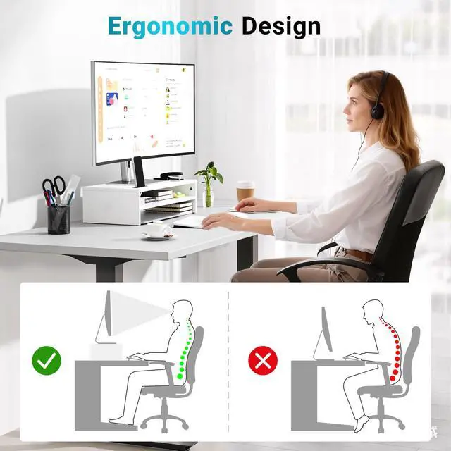 Alt view image 6 of 7 - Wood Monitor Stand Riser, 2-Tier Desktop Organizer with Storage, Ergonomic Computer Stand for Desk, Cable Management, Cellphone Holder, 21.3 Inch Shelf, White