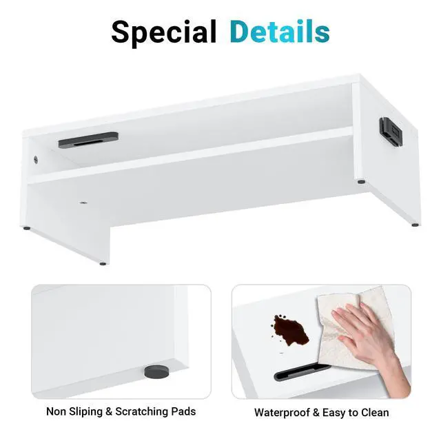 Alt view image 7 of 7 - Wood Monitor Stand Riser, 2-Tier Desktop Organizer with Storage, Ergonomic Computer Stand for Desk, Cable Management, Cellphone Holder, 21.3 Inch Shelf, White