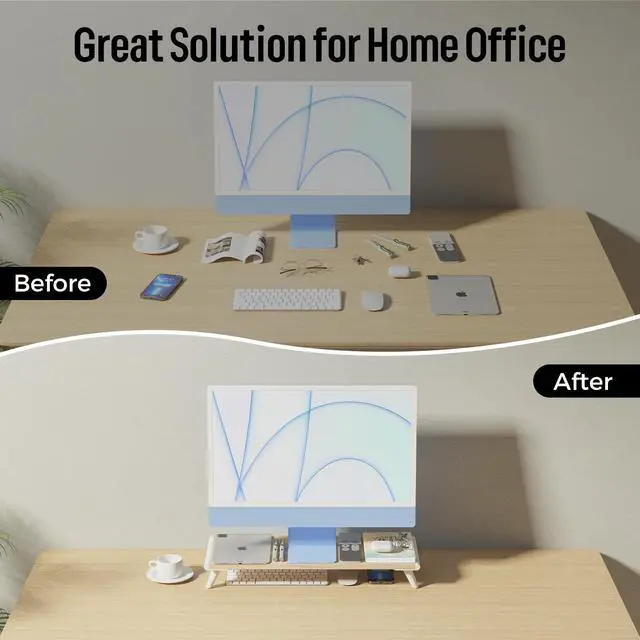 Alt view image 2 of 7 - Monitor Stand Riser for Desk, 22.4" x 8.3" Larger Computer Stand for Laptop, PC, Printer, Sturdy Desktop Computer Shelf with Non-Skid Rubber, Home Office, Natural Wood