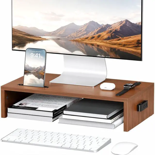 Main image of Monitor Stand Riser with Cellphone Holder & Cable Management, 16.7 Inch Wood Monitor Riser Stand, Desktop Stand for PC/TV/Laptop/Printer, Walnut