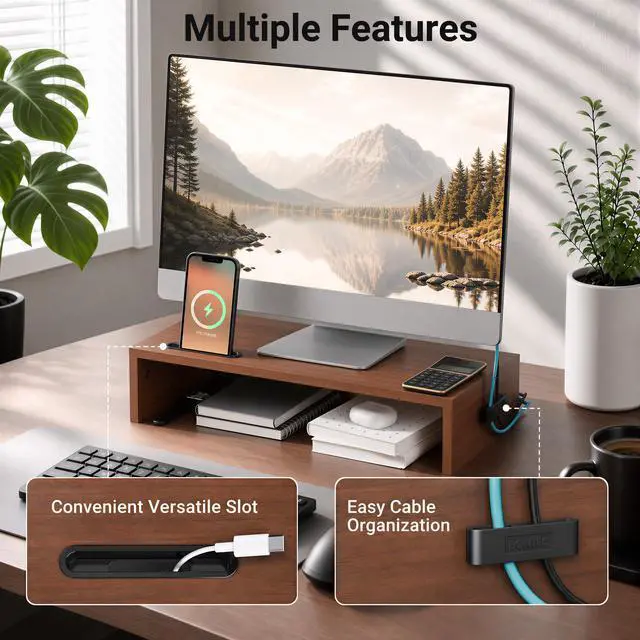 Alt view image 2 of 7 - Monitor Stand Riser with Cellphone Holder & Cable Management, 16.7 Inch Wood Monitor Riser Stand, Desktop Stand for PC/TV/Laptop/Printer, Walnut
