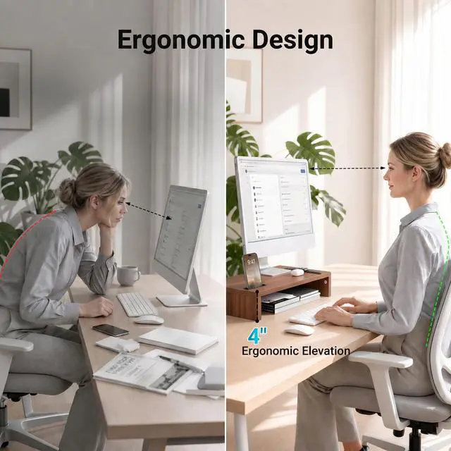 Alt view image 4 of 7 - Monitor Stand Riser with Cellphone Holder & Cable Management, 16.7 Inch Wood Monitor Riser Stand, Desktop Stand for PC/TV/Laptop/Printer, Walnut