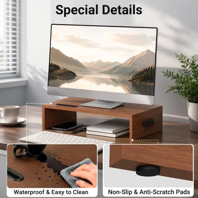 Alt view image 5 of 7 - Monitor Stand Riser with Cellphone Holder & Cable Management, 16.7 Inch Wood Monitor Riser Stand, Desktop Stand for PC/TV/Laptop/Printer, Walnut