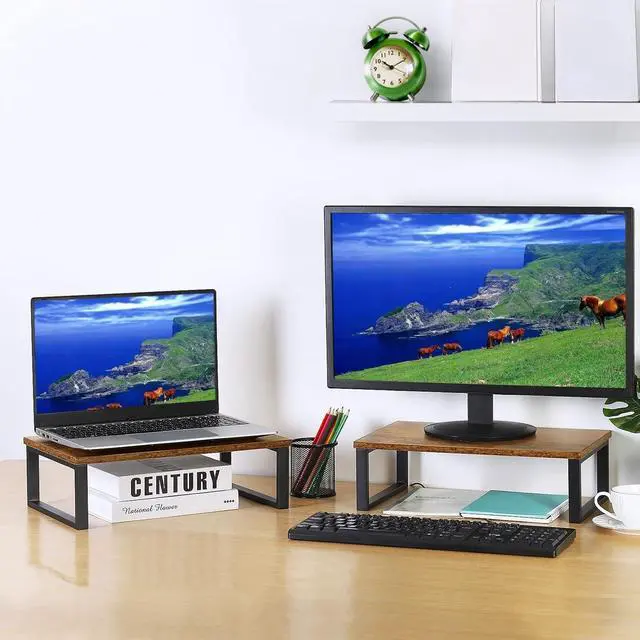 Alt view image 3 of 7 - Stand Riser 2 Pack Laptop Stand Riser Holder Wood Computer Stands Vintage Tabletop Storage Organizer Shelf for Notebook PC Printer Lift Stands TV Risers Wooden Desk Organizers Brown (Brown)