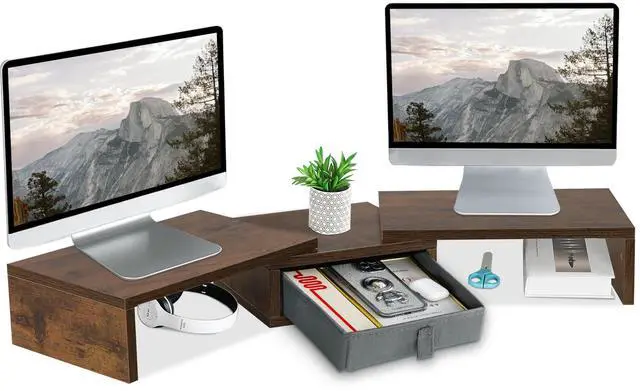 Main image of 3 Shelf Monitor Stand Riser With Drawer - Length and Angle Adjustable Dual Riser With Storage Corner Desk Shelf Organizer Large Computer Stand for 2 Monitors/Laptop (Brown, 1 Drawer)