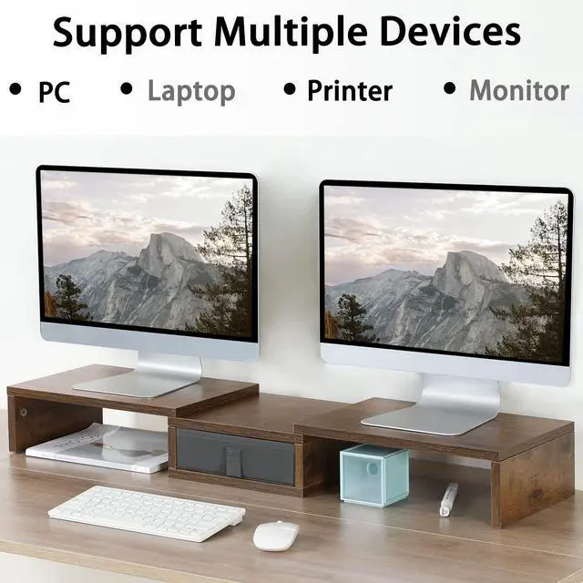 Alt view image 2 of 6 - 3 Shelf Monitor Stand Riser With Drawer - Length and Angle Adjustable Dual Riser With Storage Corner Desk Shelf Organizer Large Computer Stand for 2 Monitors/Laptop (Brown, 1 Drawer)