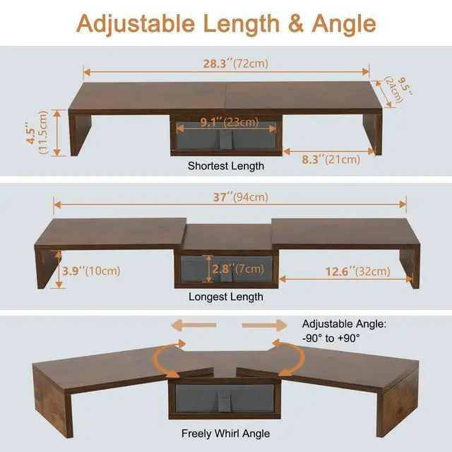 Alt view image 4 of 6 - 3 Shelf Monitor Stand Riser With Drawer - Length and Angle Adjustable Dual Riser With Storage Corner Desk Shelf Organizer Large Computer Stand for 2 Monitors/Laptop (Brown, 1 Drawer)
