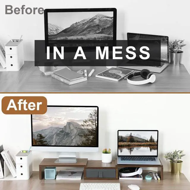 Alt view image 6 of 6 - 3 Shelf Monitor Stand Riser With Drawer - Length and Angle Adjustable Dual Riser With Storage Corner Desk Shelf Organizer Large Computer Stand for 2 Monitors/Laptop (Brown, 1 Drawer)