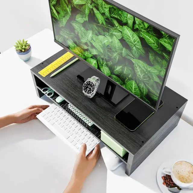 Alt view image 2 of 7 - Monitor Stand Riser, 2 Tier Wood Office Desk Storage Organizer for Laptop, Computer, Black