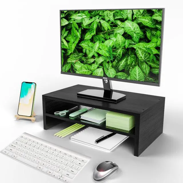Alt view image 5 of 7 - Monitor Stand Riser, 2 Tier Wood Office Desk Storage Organizer for Laptop, Computer, Black