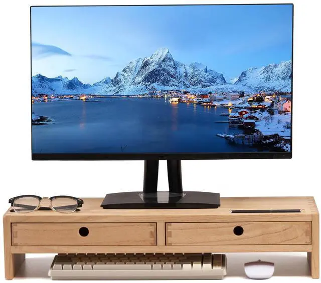Main image of Wood Monitor Stand with 2 Drawers, Solid Wood Computer Monitor Riser for Desk, Desktop Organizer Shelf with Cable Management, Pen Slots, Natural, No Assembly PMJ-NA