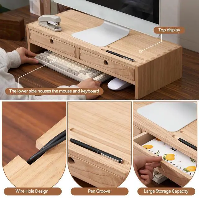 Alt view image 2 of 7 - Wood Monitor Stand with 2 Drawers, Solid Wood Computer Monitor Riser for Desk, Desktop Organizer Shelf with Cable Management, Pen Slots, Natural, No Assembly PMJ-NA