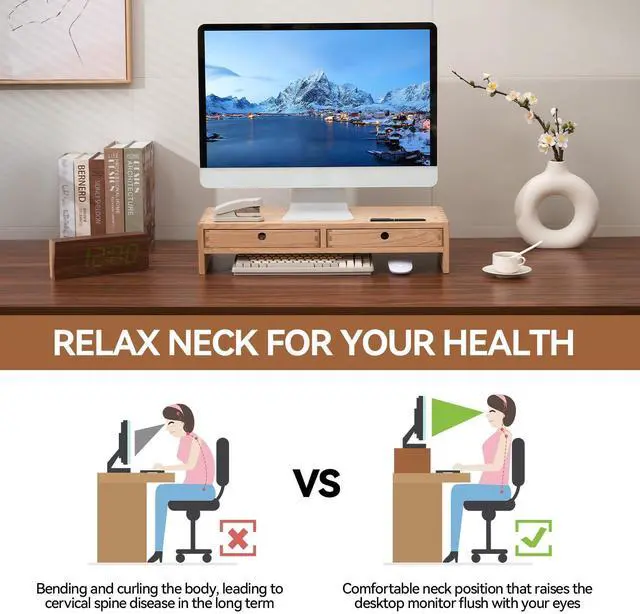 Alt view image 4 of 7 - Wood Monitor Stand with 2 Drawers, Solid Wood Computer Monitor Riser for Desk, Desktop Organizer Shelf with Cable Management, Pen Slots, Natural, No Assembly PMJ-NA
