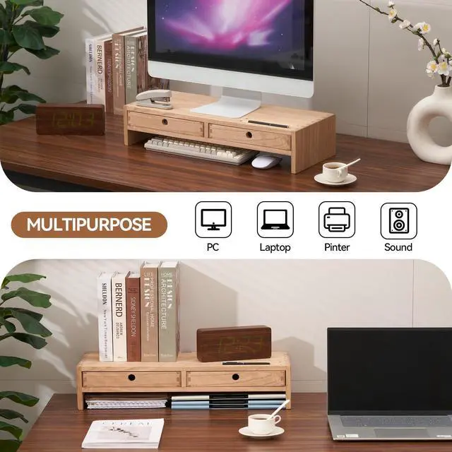 Alt view image 3 of 7 - Wood Monitor Stand with 2 Drawers, Solid Wood Computer Monitor Riser for Desk, Desktop Organizer Shelf with Cable Management, Pen Slots, Natural, No Assembly PMJ-NA
