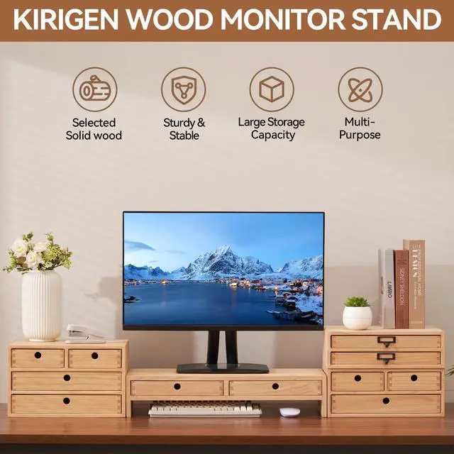 Alt view image 5 of 7 - Wood Monitor Stand with 2 Drawers, Solid Wood Computer Monitor Riser for Desk, Desktop Organizer Shelf with Cable Management, Pen Slots, Natural, No Assembly PMJ-NA