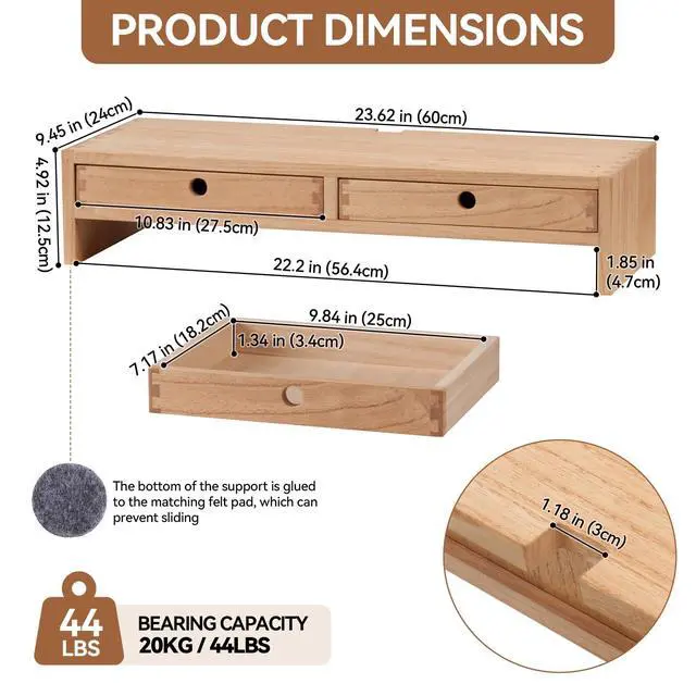 Alt view image 6 of 7 - Wood Monitor Stand with 2 Drawers, Solid Wood Computer Monitor Riser for Desk, Desktop Organizer Shelf with Cable Management, Pen Slots, Natural, No Assembly PMJ-NA