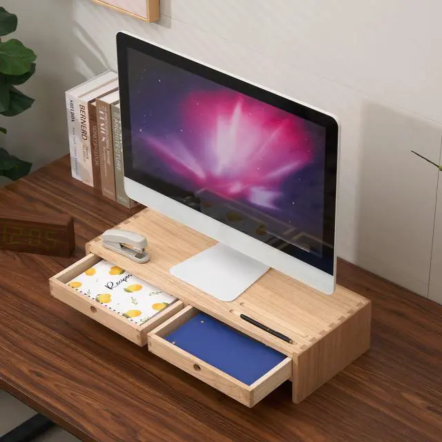 Alt view image 7 of 7 - Wood Monitor Stand with 2 Drawers, Solid Wood Computer Monitor Riser for Desk, Desktop Organizer Shelf with Cable Management, Pen Slots, Natural, No Assembly PMJ-NA