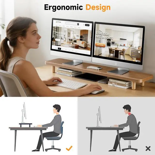 Alt view image 7 of 7 - Dual Monitor Stand Riser, 39 Inch Extra Long Wooden Desktop Monitor Riser with Storage for 2 Monitors Ultra Strong Desk Shelf Organizer Riser Ergonomic for 2 Screens/Laptop/PC/TV/Printer