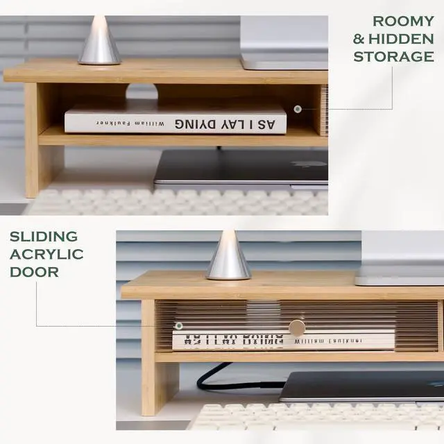 Alt view image 3 of 7 - Bamboo Monitor Stand with Acrylic Sliding Door, Monitor Riser with Storage and Cable Management, Wood Desk Shelf for Home Office, Laptop and Printer