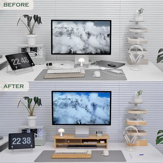 Alt view image 4 of 7 - Bamboo Monitor Stand with Acrylic Sliding Door, Monitor Riser with Storage and Cable Management, Wood Desk Shelf for Home Office, Laptop and Printer