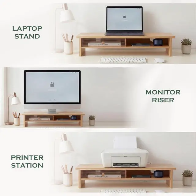 Alt view image 7 of 7 - Bamboo Monitor Stand with Acrylic Sliding Door, Monitor Riser with Storage and Cable Management, Wood Desk Shelf for Home Office, Laptop and Printer