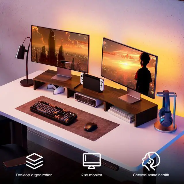 Alt view image 2 of 7 - Dual Monitor Stand 3 Shelf Computer Monitor Riser, Wood Desktop Stand with Adjustable Length and Angle, Desk Accessories, Office Supplies Medium Brown, DT108002WB