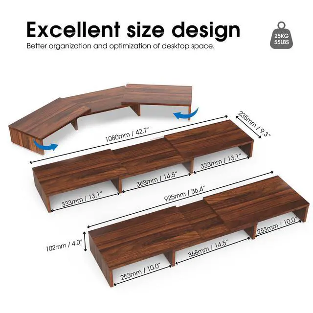 Alt view image 3 of 7 - Dual Monitor Stand 3 Shelf Computer Monitor Riser, Wood Desktop Stand with Adjustable Length and Angle, Desk Accessories, Office Supplies Medium Brown, DT108002WB