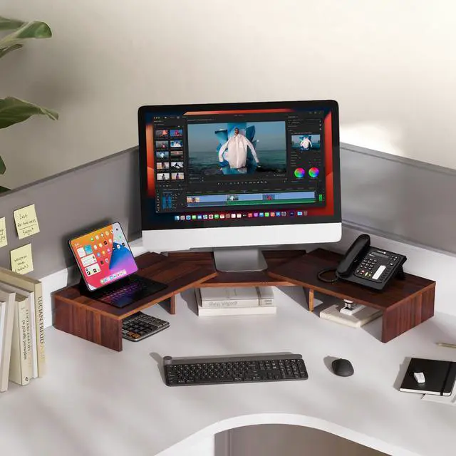 Alt view image 6 of 7 - Dual Monitor Stand 3 Shelf Computer Monitor Riser, Wood Desktop Stand with Adjustable Length and Angle, Desk Accessories, Office Supplies Medium Brown, DT108002WB