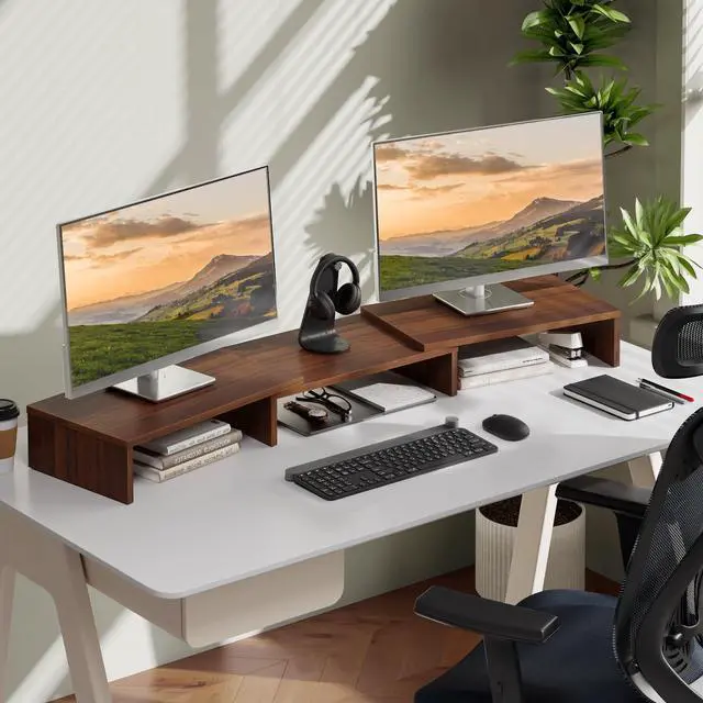 Alt view image 7 of 7 - Dual Monitor Stand 3 Shelf Computer Monitor Riser, Wood Desktop Stand with Adjustable Length and Angle, Desk Accessories, Office Supplies Medium Brown, DT108002WB