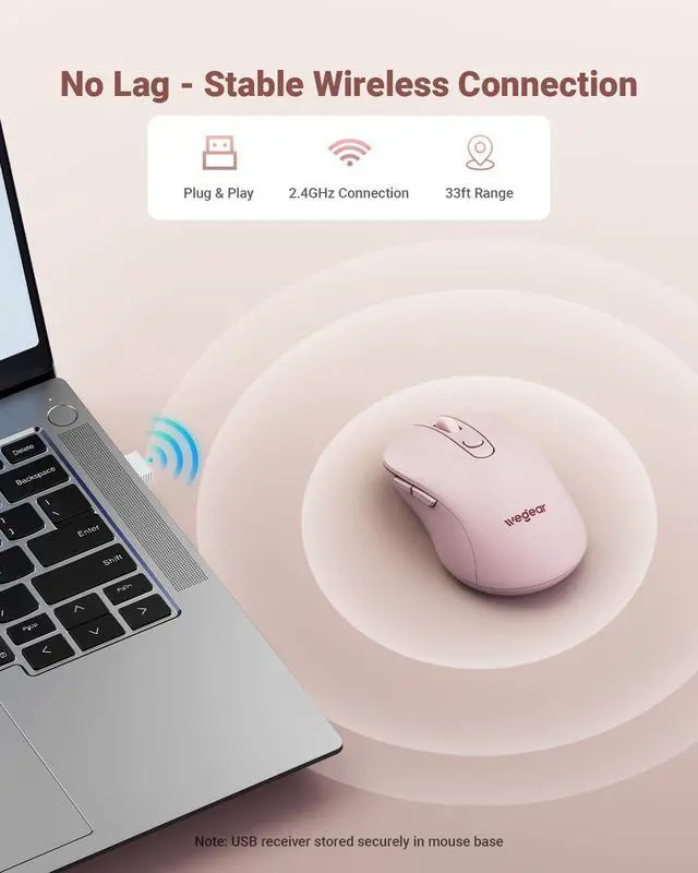 Alt view image 2 of 7 - USB Wireless Mouse for Laptop PC Mac, 2.4GHz Cordless Mouse with 6 Buttons, 5-Level Adjustable 4000 DPI, Ergonomic Portable Optical Computer Mice, 24-Month Battery Life-Pink