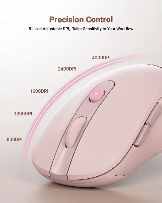 Alt view image 3 of 7 - USB Wireless Mouse for Laptop PC Mac, 2.4GHz Cordless Mouse with 6 Buttons, 5-Level Adjustable 4000 DPI, Ergonomic Portable Optical Computer Mice, 24-Month Battery Life-Pink