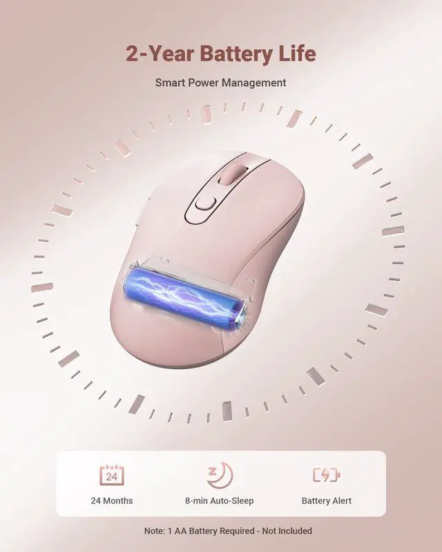 Alt view image 5 of 7 - USB Wireless Mouse for Laptop PC Mac, 2.4GHz Cordless Mouse with 6 Buttons, 5-Level Adjustable 4000 DPI, Ergonomic Portable Optical Computer Mice, 24-Month Battery Life-Pink