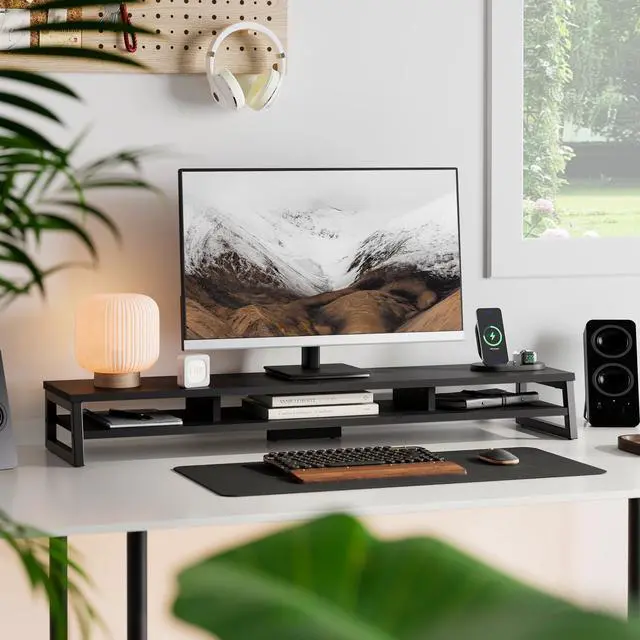 Alt view image 2 of 7 - Dual Monitor Stand for Desk, 42.5in Large Monitor Riser for 2 Monitors, 2 Tier Computer Office Desk Top Shelf, Desktop Storage Stand for Laptop, PC, Computer, Printer