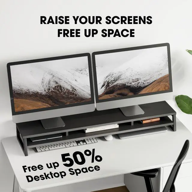 Alt view image 4 of 7 - Dual Monitor Stand for Desk, 42.5in Large Monitor Riser for 2 Monitors, 2 Tier Computer Office Desk Top Shelf, Desktop Storage Stand for Laptop, PC, Computer, Printer